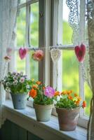 AI generated Heart garlands, lace curtains, and blooming potted flowers photo