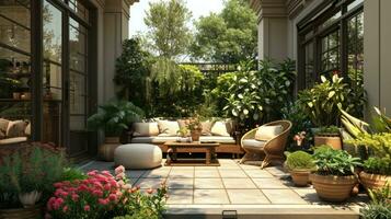 AI generated An outdoor terrace adorned with potted plants, comfortable seating photo