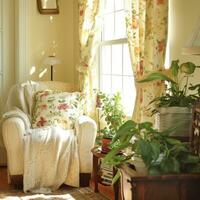 AI generated A cozy reading nook bathed in natural sunlight, featuring spring-inspired decor such as floral-printed photo