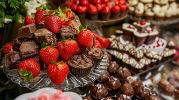 ai generado decadente bombones, fresas, y en forma de corazon postres foto