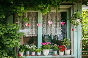 AI generated Heart garlands, lace curtains, and blooming potted flowers photo