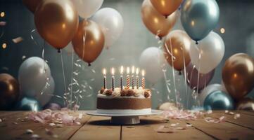 ai generado cumpleaños pastel con velas y globos en un mesa en un oficina foto