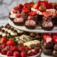 ai generado decadente bombones, fresas, y en forma de corazon postres foto