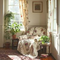 AI generated A cozy reading nook bathed in natural sunlight, featuring spring-inspired decor such as floral-printed photo