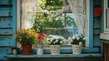 AI generated Heart garlands, lace curtains, and blooming potted flowers photo