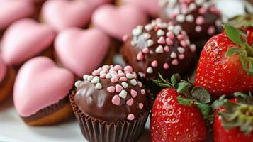 ai generado decadente bombones, fresas, y en forma de corazon postres foto