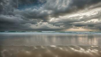 AI generated a stormy day on the beach with waves and clouds photo