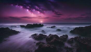 ai generado un púrpura cielo terminado el Oceano con rocas y agua foto