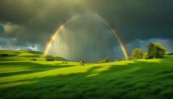 ai generado arco iris terminado verde herboso campo con arboles y cielo foto