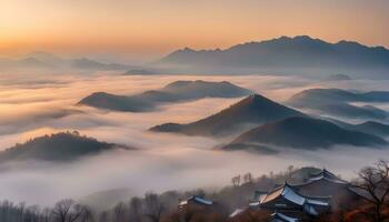 ai generado el amanecer terminado el montañas y niebla foto