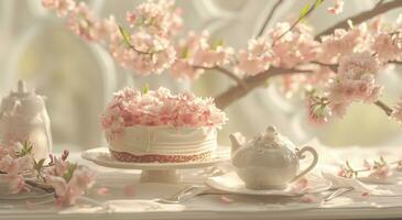 AI generated beautiful pink flowers are shown behind the cake and teapot photo