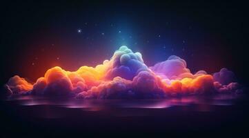 ai generado un imagen de arco iris de colores nubes encima un oscuro cielo foto