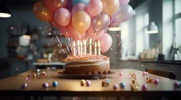 ai generado cumpleaños pastel con velas y globos en un mesa en un oficina foto