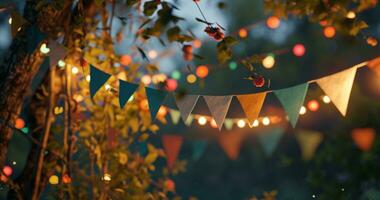 AI generated colorful bunting for a party in a garden photo