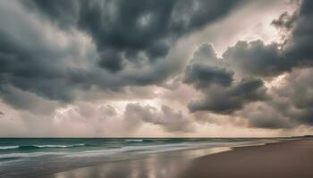 ai generado un Tormentoso cielo terminado el Oceano y playa foto