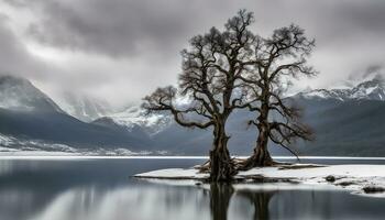 ai generado un solitario árbol soportes en el medio de un lago foto