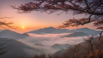 ai generado un hermosa amanecer terminado el montañas con arboles foto