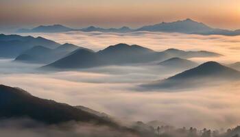 AI generated a view of mountains covered in fog at sunrise photo