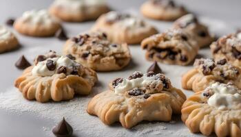 AI generated chocolate chip cookies with cream and chocolate chips photo