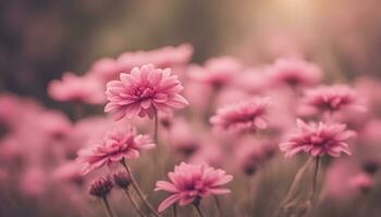 AI generated pink flowers in a field with a blurry background photo