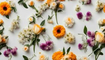 AI generated flowers arranged in a pattern on a white surface photo