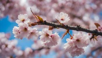 ai generado Cereza flores en un árbol en frente de un azul cielo foto