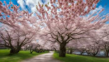 AI generated a path through a field of pink cherry trees photo