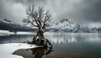 AI generated a lone tree stands in the middle of a lake photo