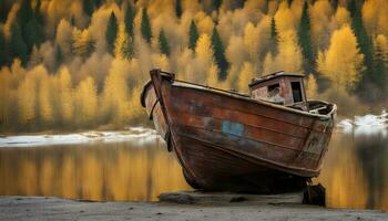 AI generated a rusty boat sits on the shore of a lake photo