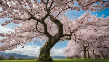 ai generado un rosado árbol con flores en el primavera foto