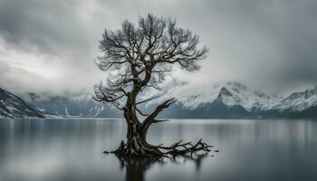 ai generado un solitario árbol soportes en el medio de un lago foto