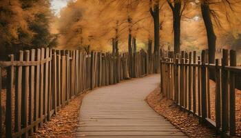 AI generated a wooden fence with a wooden walkway in the fall photo