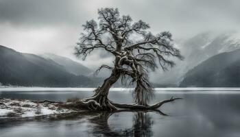 ai generado un solitario árbol soportes en el medio de un lago foto