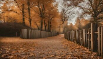 AI generated autumn landscape with wooden fence and trees photo