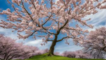 ai generado un árbol con rosado flores en el medio de un herboso campo foto