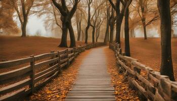 ai generado un de madera camino Guías a un brumoso campo foto