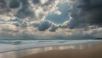 ai generado un playa debajo nublado cielo con olas y arena foto
