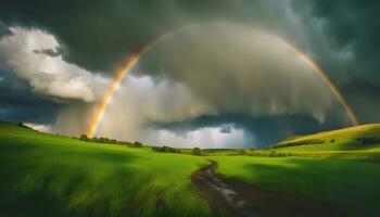 AI generated a rainbow is seen over a green field with a path photo
