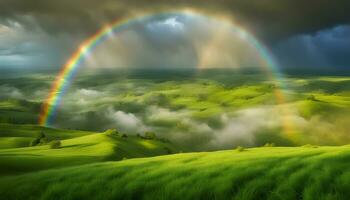 ai generado un arco iris es visto terminado un verde campo con nubes foto