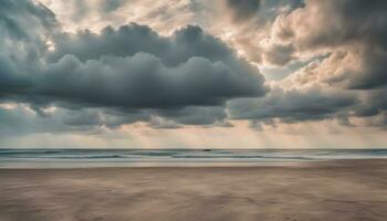 AI generated a beach with clouds and sun rays over the ocean photo