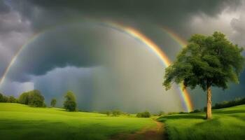 ai generado un arco iris es visto terminado un campo con un árbol foto