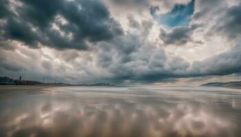 ai generado un playa debajo un nublado cielo con olas y nubes foto