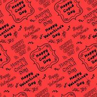 Handwritten Valentines greeting seamless pattern. Vector outline doodle items and word related to St Valentines day. Black elements on red background. Perfect for decoration, background