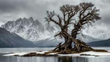 AI generated a lone tree stands on the shore of a lake photo