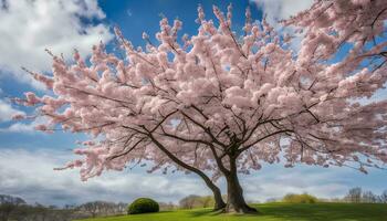 ai generado un grande rosado árbol con blanco flores en el primavera foto