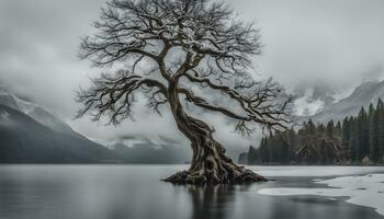 ai generado un solitario árbol soportes en el medio de un lago foto