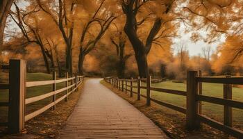AI generated a wooden pathway in the fall with trees and a fence photo