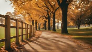 AI generated a pathway lined with trees and a fence photo