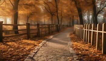 AI generated path in the autumn forest with wooden fence photo