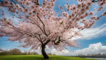 ai generado un Cereza árbol con rosado flores soportes en frente de un río foto